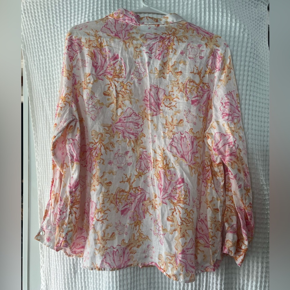 J. Jill Pink and Orange Love Linen Shirt MedP Sea Turtle and Coral Pink Orange - Picture 2 of 7